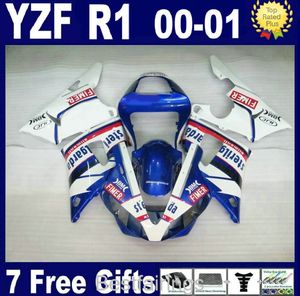 Gratis Custom Fairing Kit för Yamaha R1 2000 2001 Vitblå Fairings YZF R1 00 01 HA10