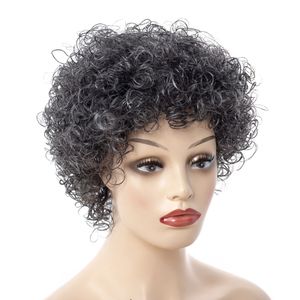WW2-06女性黒/灰色の髪の高温繊維のための合成短い髪のアフロの変態巻き巻きのかつら