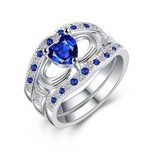 Lyx Tre lager Sapphire Rings Sets 925 Sterling Silver Blue Crystal Rhinestone Diamond Heart Wedding Ring för Kvinnor Mode Smycken