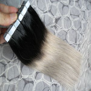 Applicare nastro adesivo trama della pelle capelli nastro ombre nelle estensioni dei capelli umani T1B / estensioni dei capelli grigio argento estensioni del nastro di trama della pelle bionda grigia