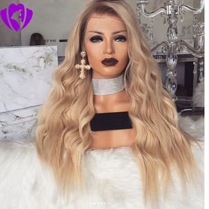180%density 30inches long ombre blonde wig body wave synthetic hair lace front wigs with natural hairline for black and white women