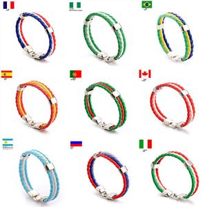 Copa do Mundo de Futebol Futebol Futebol de couro pulseira com Nacional listra Bandeira encantos Handmade trançado pulseira de Fãs de presente