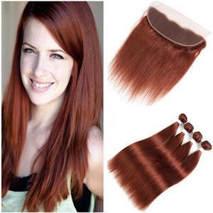 Straight # 33 Koppar Röd 13x4 Full Lace Frontal Stängning med Vävar Brasilianska Virgin Mörk Auburn Mänskliga hår 3 Bundlar Affärer Extensions