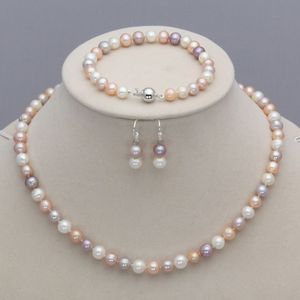 Natural 7-8mm white/ pink/ purple/ natural fresh water cultured pearl necklace 45-19cm bracelet earrings set fashion jewelry