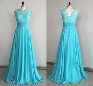 Elegant Turquoise Lace Bridesmaids Dresses V Backless Sheer Neck Cap Short Sleeves Country Designer Long Cheap Wedding Party Plus size Dress