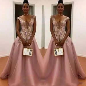 Modny Kwiatowy Kwiat Głębokie V-Neck Prom Dresses Sheer Różowy Tulle Czarna Dziewczyna Afryki Formalna Party Sexy Suknie Wieczorowe Goście Nosić Robe De Soiree