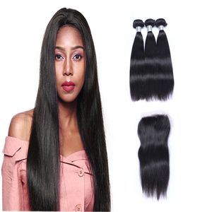 Brazilian Straight Hair Weaves 3 Bundles with Closure Free Middle Part Double Weft Human Extensions Dyeable 100g/pc