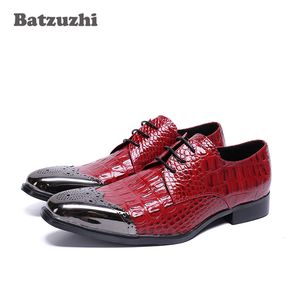 Top Quality Sapatos De Couro Dos Homens Vermelhos de Metal Dica Sapatos de Vestido de Negócios Formal Lace-up Zapatos Hombre, Grandes Tamanhos US6-12, EU38-46