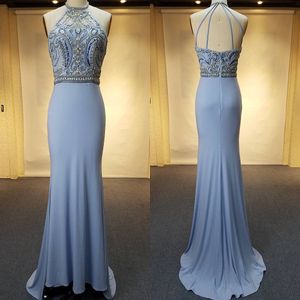 New Gorgeous Ice Blue Luxury Beaded Crystals Prom Dresses Mermaid Halter Neck Backless Floor Length Formal Party Wear Evening Gowns Custom