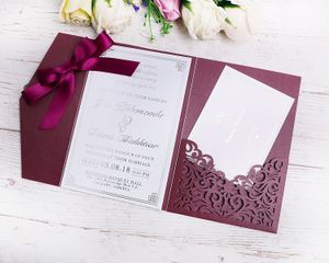 2020 New 3 Folds Wedding Burgundy Invitations Cards With Burgundy Ribbons For Wedding Bridal Shower Engagement Birthday Graduation Invite