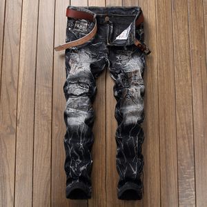 Jeans male hole Europe and the United States old slim straight men's grinding white tide pants