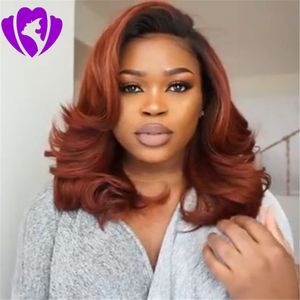 2Tone Short Bob Straight Front Lace Wig Ombre Auburn color synthetic wig Heat Resistant Fiber for Woman 12in Real Hair