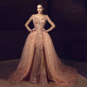 Long Sleeves Mermaid Evening Dresses 2019 Elegant Appliques Tulle Illusion Detachable Train Floor Length Formal Prom Dresses