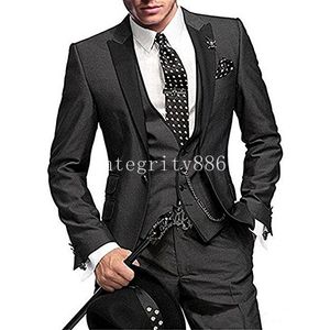 Yeni Varış Kömür Gri Damat Smokin Tepe Yaka Bir Düğme Adam Düğün Takım Elbise Erkekler İş Yemeği Balo Blazer (Ceket + Pantolon + Kravat + Yelek) 7