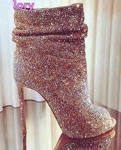 2018 oko widzące kobiety Bling Bling Crystal Krótkie buty Otwarte Toe Stiletto Obcasy Kostki Buty Shining Diamond Dress Pompy Buty ślubne