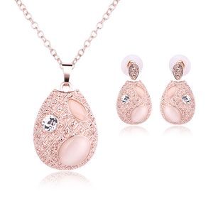 Pink Jade Jewelry Gold Plated Necklace Set Fashion Diamond Wedding Bridal Costume Jewelry Sets Party Ruby Jewelrys(Necklace + Earrings)