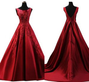 Red V Backless Empire Waist Evening Dresses Applique Beaded Bateau Open Back A-line Prom Gowns Formal Party Dress Runway Fashion