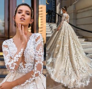 Abiti da sposa in pizzo di lusso con design in cristallo Applique scollo a V profondo maniche lunghe senza schienale cappella treno abiti da sposa abito da sposa personalizzato