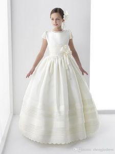 Flower Girl Dresses Lace Applique Beads Sleeveless Long Sweep Train Satin Girls Pageant Gowns Formal Wear