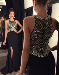 2018 Prom Dresses Czarny Sparkly Klejnot Neck Bez Rękawów Frezowanie Crystal Side Split Syrenka Zipper Powrót Formalna Party Dress Suknie Wieczorowe Nosić