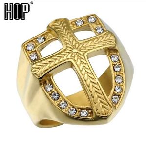 Hip Hop Knights Templar Armor Crusader Cruz Anéis Titânio Aço Inoxidável Gelado Out Cristal Gold Signet Anéis para Homens Jóias