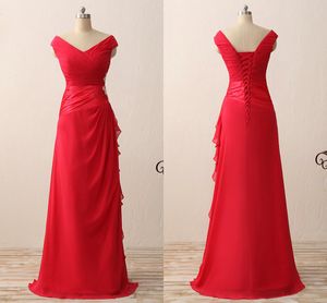 素晴らしい赤いシフォンの母の花嫁の新郎のドレスをプリーツしたコルセットのビーズの床の長さのPromの夜のフォーマルガウン安い
