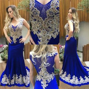 Muhteşem Kraliyet Mavi Mermaid Boncuk Abiye Aplike Artı Boyutu Vestidos De Festa Parti Elbise Balo Resmi Pageant Ünlü Törenlerinde