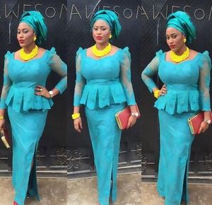 Elegant blå kväll formella klänningar klänningar för svarta kvinnor plus storlek afrikansk nigeriansk spetsklänning slitsar långa ärmar billig prom klänning