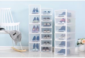 Caixa de armazenamento de plástico transparente empilhável Caixa de armazenamento criativo estilo de gaveta de poeira Sapatos de crianças masculinas Organizador de salto alto