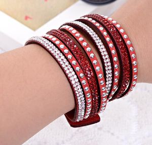 DHL Mulheres Moda Pu Pulseira De Couro Envoltório Multi Layer Manguito Do Punk Strass Pulseira de Cristal Pulseira Charme Pulseiras