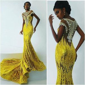Parlak Sarı Payetli Mermaid Gelinlik Modelleri Afrika Kadınlar Için 2018 Aplike Boncuk Abiye giyim Sweep Tren Siyah Kız Parti Elbiseler