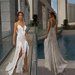 Julie Vino A Line Beach Wedding Dresses Lace Beads Side Split Sexy Spaghetti Neck Backless Country Bohemian Bridal Gowns
