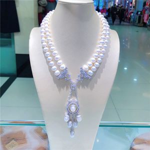 Nuovo stile naturale 2 file 8-9mm bianco perla coltivata d'acqua dolce micro intarsio zircone accessori collana gioielli di moda