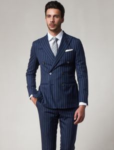 New Style Groom Tuxedos Double-Breasted Blue Strips Peak Lapel Groomsmen Best Man Suit Mens Wedding Suits (Jacket+Pants+Tie) NO:1196
