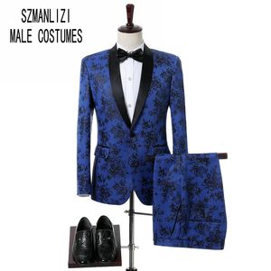 2018 Slim Fit Classic Mens Coat Spodnie Design Party Prom Garnitury Ślub Groom Tuxedo Groomsmen Szal Kapel Blue and Black Rose Men Suit