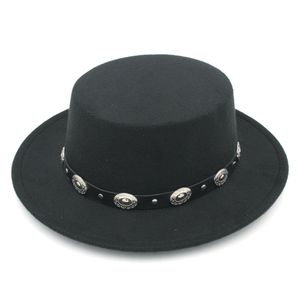 Fashion Men Women Wool Blend Bowler Cap Pork Pie Hat Flat Top Wide Brim Boater Sailor Cap Leather Band with Metal