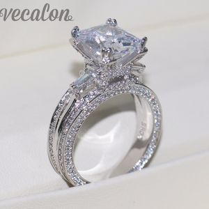 Vecalon Women Big Smycken Ring Princess Cut 10ct 5A Zircon Stone 300PCS CZ 925 Sterling Silver Engagement Wedding Ring Gift