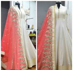 Indian Robes White And Pink Chiffon Prom Dresses Long Sleeves A Line Evening Gowns Sadi Arabia Women Formal Wear Custom Made Party Dress