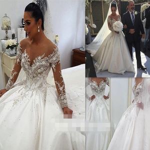 Boll vintage satin klänning bröllopsklänningar långa ärmar spets brudklänningar asymmetriska kapell tåg vestido de novia s