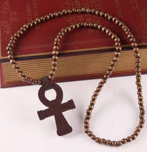 DHL Hip Hop Cross Ankh Pendant Necklace With Wooden Beads Chain Religionary Fashion Jewelry for Women Men