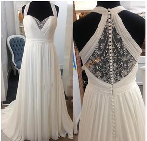 Luxury Crystal Hollow Back Wedding Dresses 2021 Halter Chiffon Empire Beach Ruched Sweetheart Sweep Train Bridal Dress Gowns Cheap