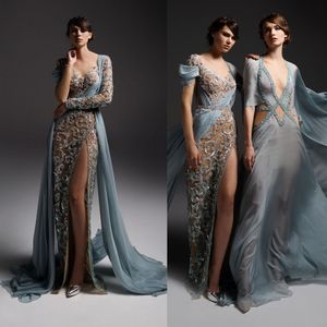 Seksowna iluzja 2019 Prom Dresses High Side Split Koronki Appliqued Koraliki Suknie Wieczorowe Długie Rękawy Formalna Party Dress