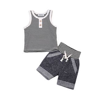 Roupas de Verão Menino Conjunto de Algodão Colete Sem Mangas T shirt Tops + Calças Curtas 2 pcs Infantil Meninos Roupas Listrado Botão Meninos Conjuntos de Roupas