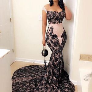 Pink And Black Lace Prom Dresses 2019 Plus Size Mermaid Evening Gowns Cap Sleeve Sweep Train South African Cocktail Party Dress