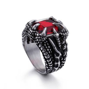 Punk Rock Cooler Drachenklauenring mit rotem/blauem/weißem Stein, Edelstahl-CZ-Ring, hochwertiger Herrenschmuck