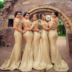Omuz Plus Size Backless Wedding Guest Elbiseler Champagne Gelinlik törenlerinde Kapalı Elgeant Altın Pullarda Denizkızı Gelinlik Modelleri