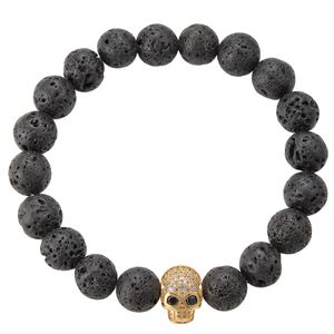 Top Qualität Lava Rock Perlen Kettenarmband Schwarz Natürlicher Energiestein mit Gold Totenkopf Skelett Charm Armreif Für Frauen Männer Kunsthandwerk Schmuck