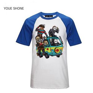 fashion Men T Shirts The Massacre Machine Horror T-Shirt Chucky Jason Voorhees Michael Myers Shirt Freddy Cotton Short Sleeve pullover Polos