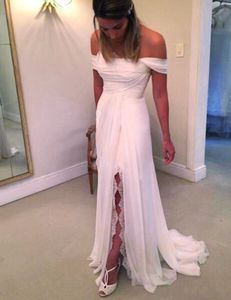 Beach Wedding Dresses Off Shoulder High Split Chiffon A Line Boho Bridal Gowns Summer Lace Pleated Women's Formal Wear Cheap Custom DH4140