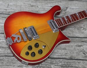 Seltene RIC 660 6 Saiten Red Sunburst E-Gitarre mit durchgehendem Hals und Korpus, glänzend lackiertes rotes Griffbrett, Schachbrettbindung, goldenes Schlagbrett